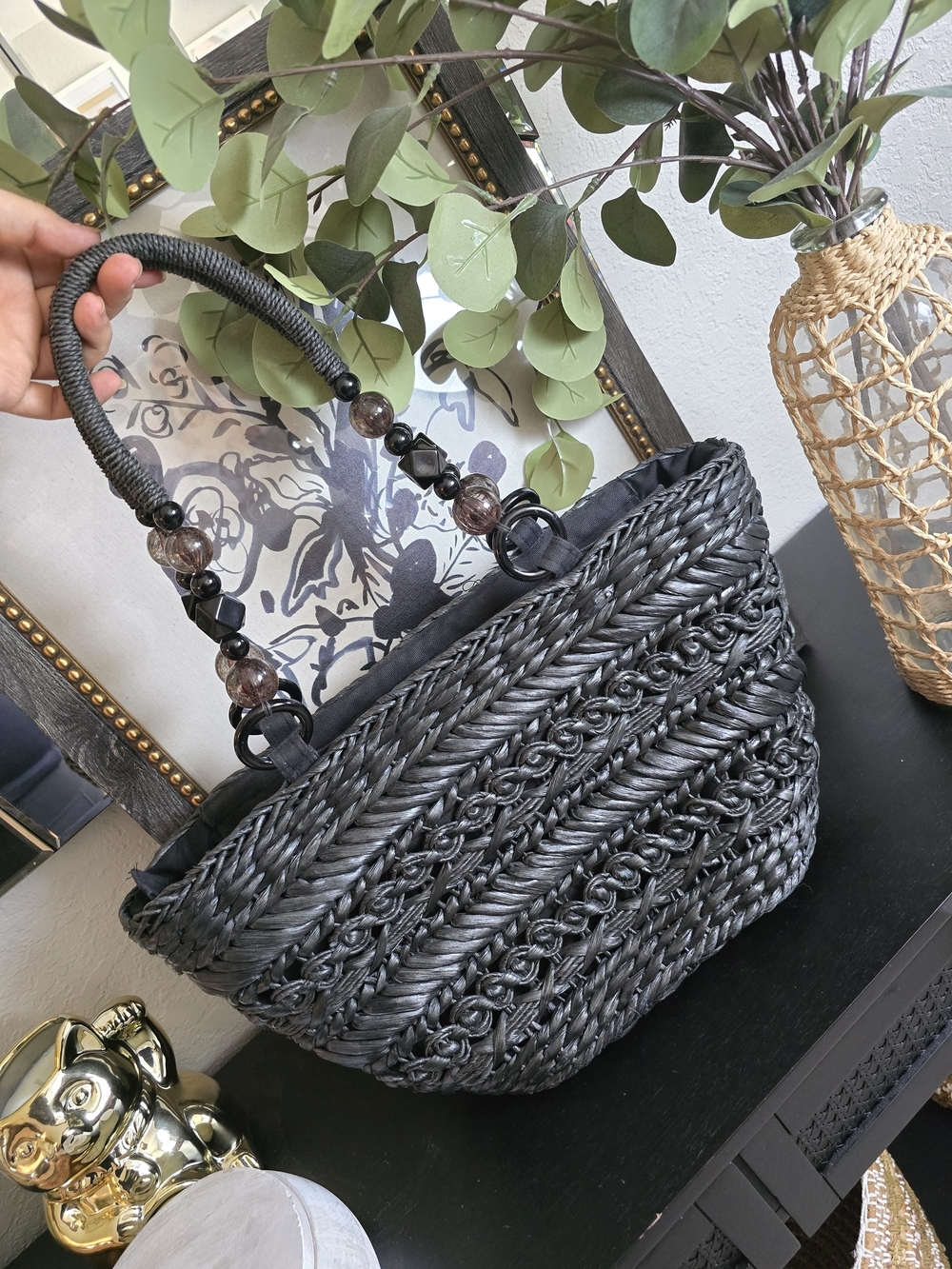 Chico's Black Woven Bead-Handle Tote Bag
